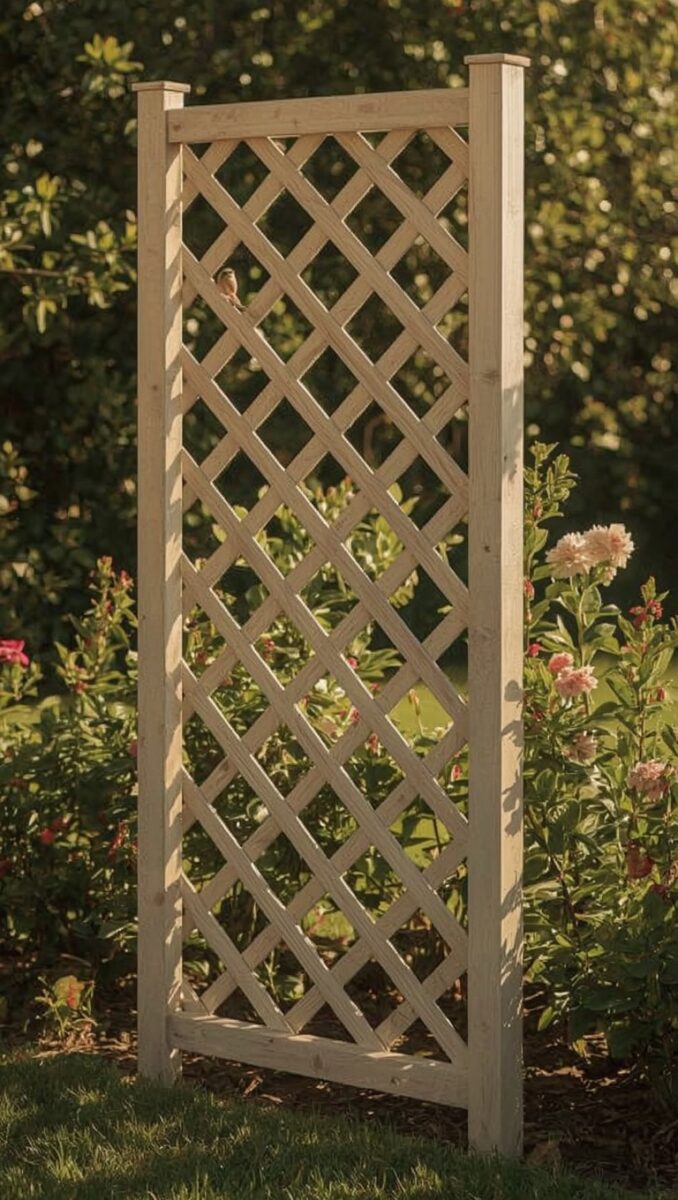 Freestanding wooden garden trellis with diamond lattice pattern surrounded by blooming flowers and greenery