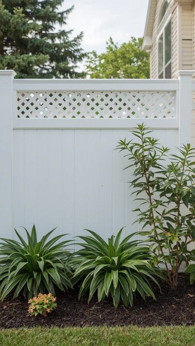 White vinyl privacy fence with diamond lattice top panel, bordered by hosta plants and a green shrub in a mulched garden bed