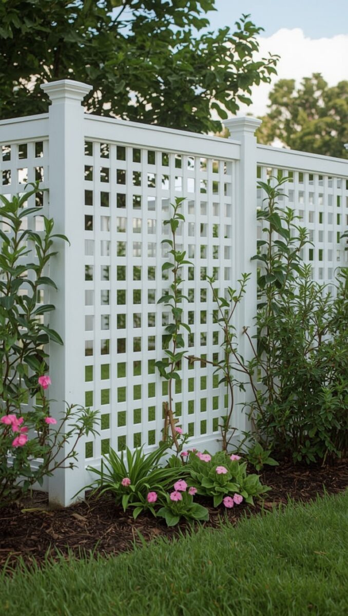 White vinyl lattice garden trellis panels with climbing plants and pink flowers in a landscaped backyard