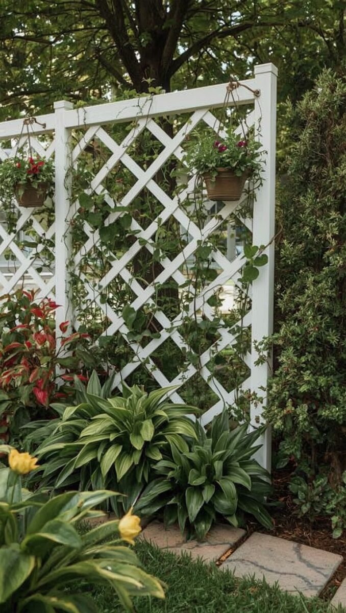 White lattice garden trellis with climbing vines and hanging flower baskets surrounded by hostas and lush greenery