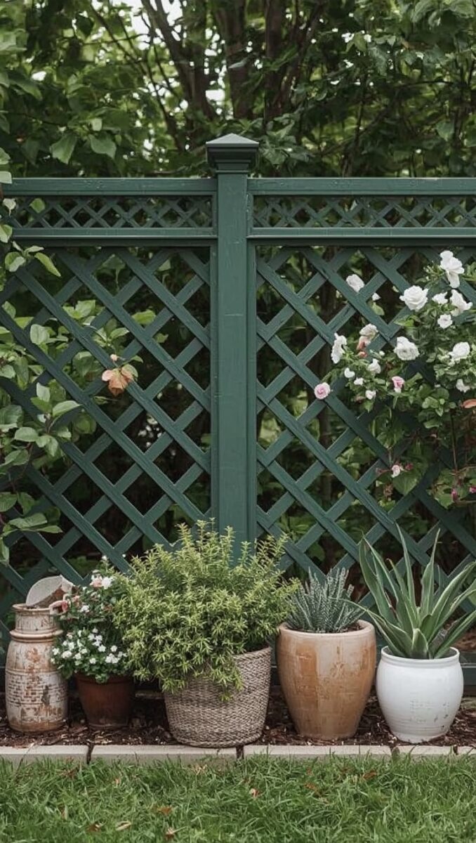 Dark green lattice fence with climbing white roses and potted plants including aloe vera and herbs in a cottage garden