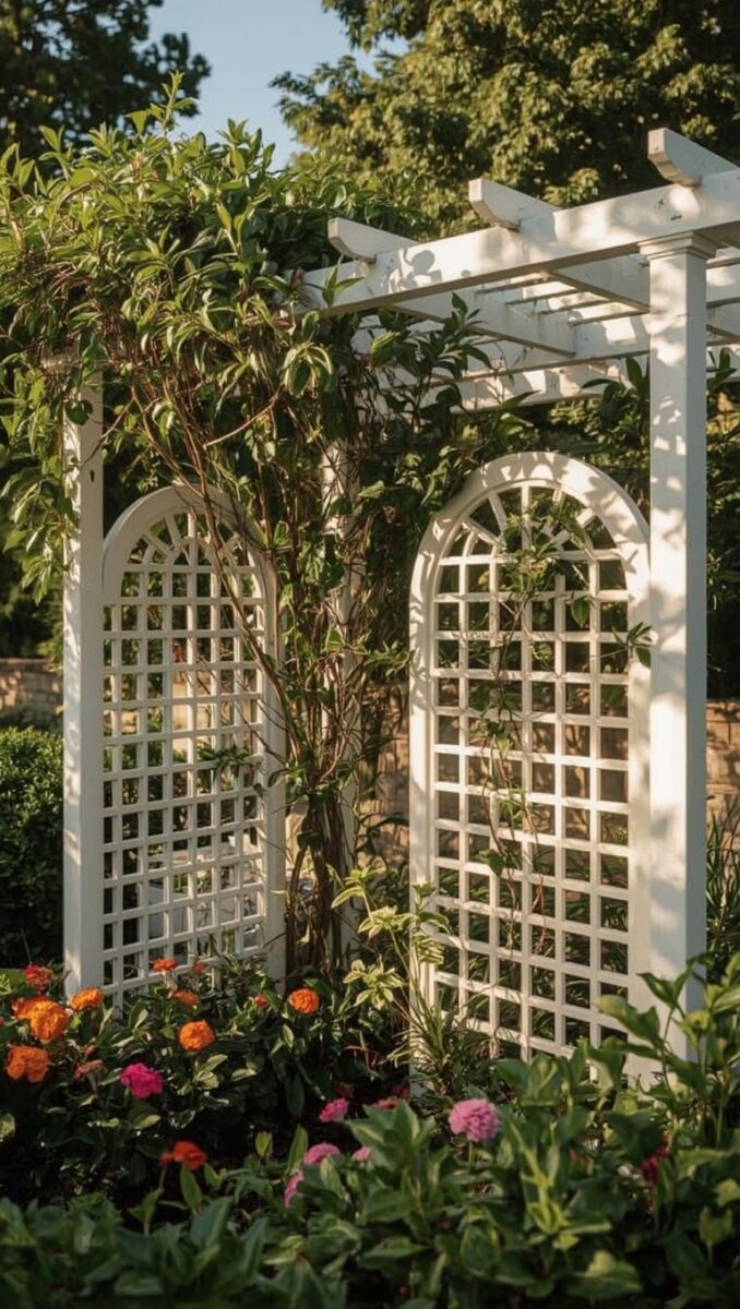 White wooden garden trellis pergola with arched lattice panels, climbing vines, and colorful orange and pink flowers