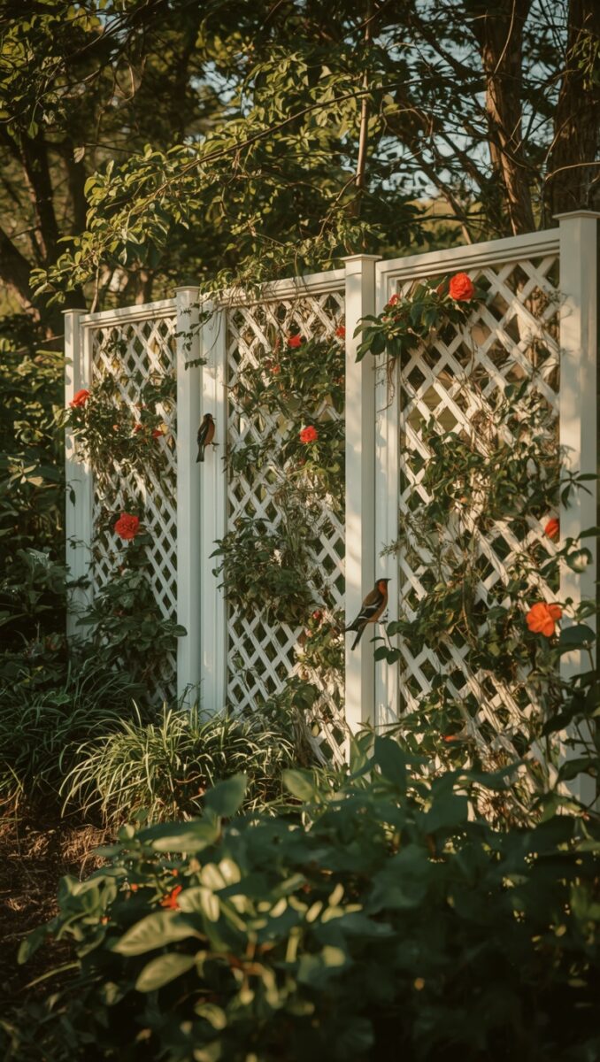 White lattice garden trellis with climbing red roses and two perched birds surrounded by lush greenery