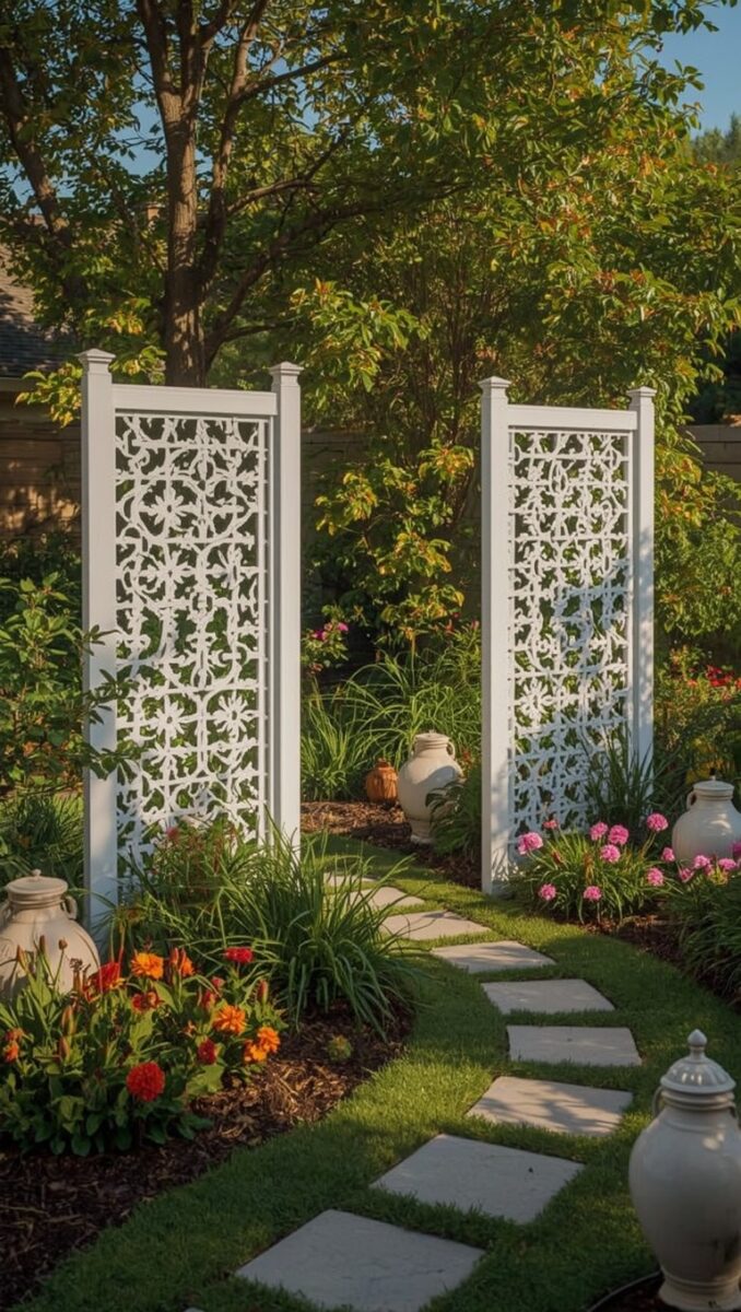 Two white ornate lattice garden screens flanking a stone stepping path surrounded by colorful flowers and ceramic urns