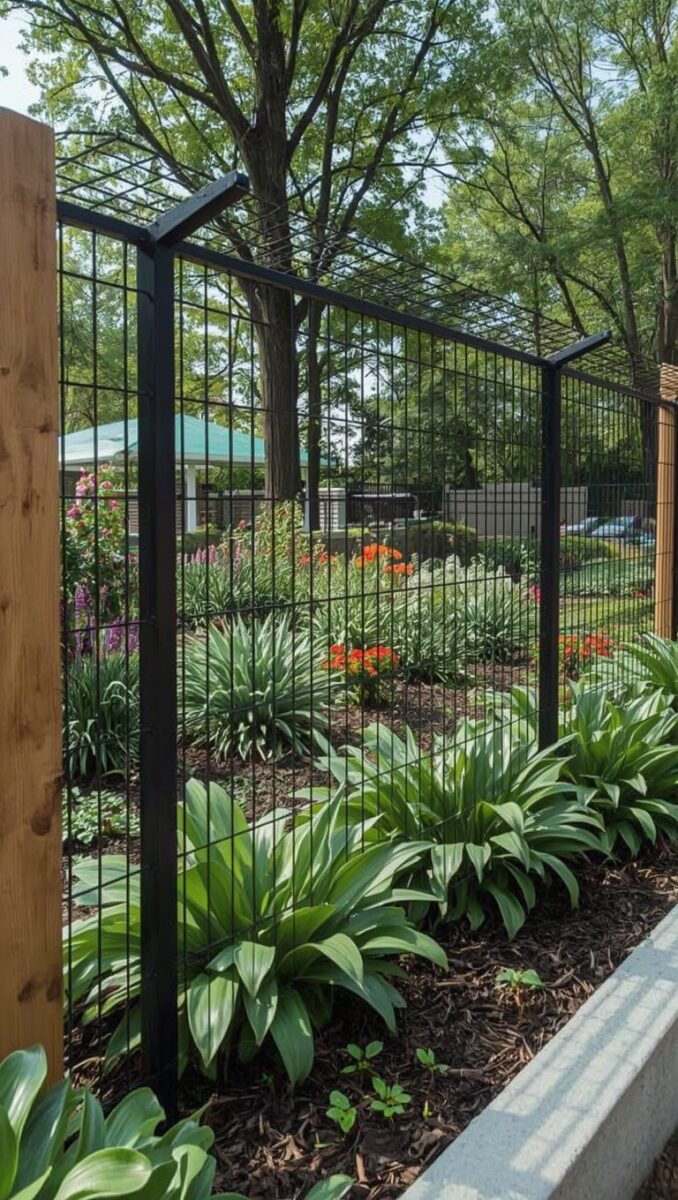 Black welded wire garden fence panels with wooden posts surrounded by hostas and colorful flowers in a landscaped yard