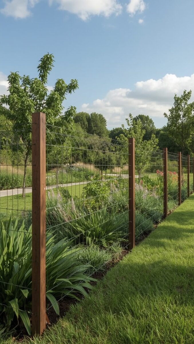 Wooden post and wire mesh garden fence with lush green plants, flowers, and young trees alongside manicured lawn