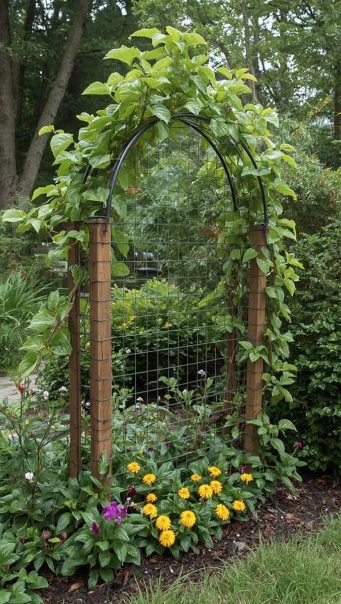 Garden arbor trellis with wooden posts, wire mesh panels, arched metal top covered in climbing vines, and yellow flowers below