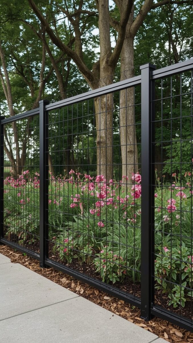 Black steel welded wire panel fence along a sidewalk with pink flowering garden and mature trees behind