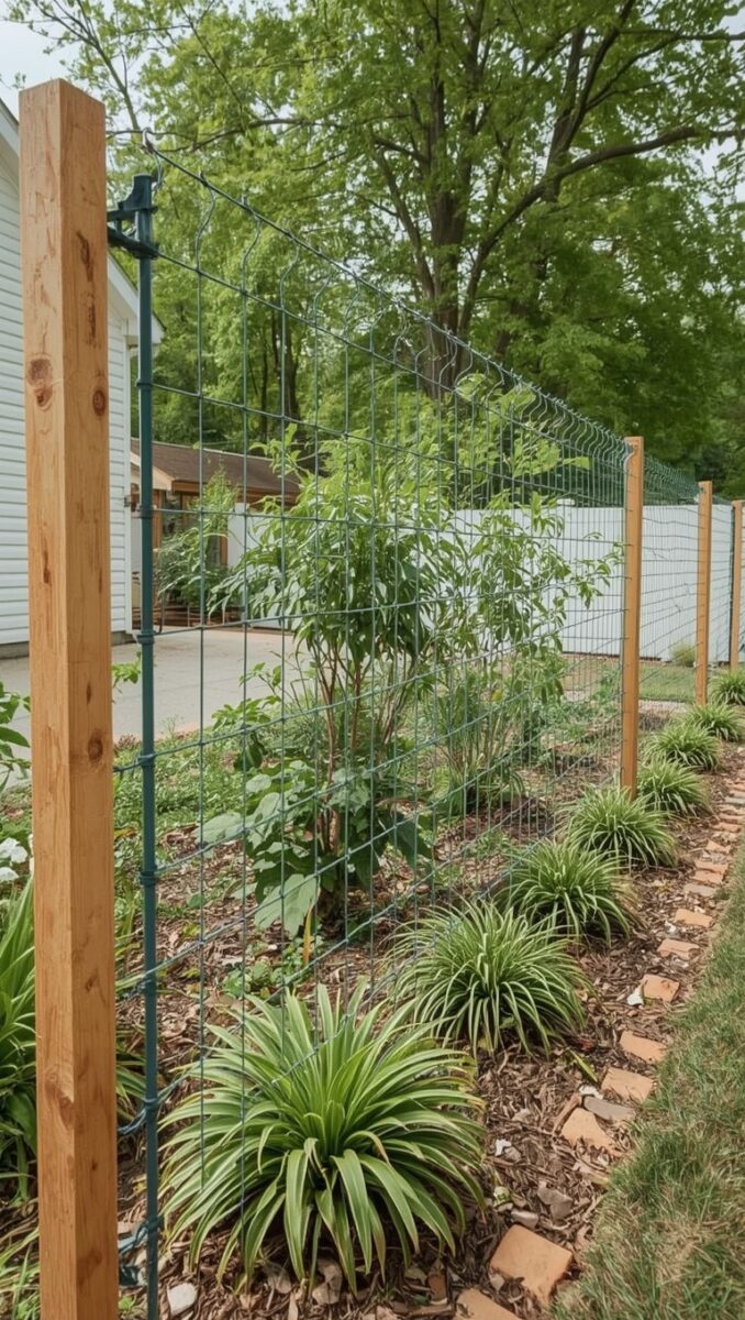 Green wire mesh garden fence with wooden posts bordering a mulched garden bed with ornamental grasses and shrubs