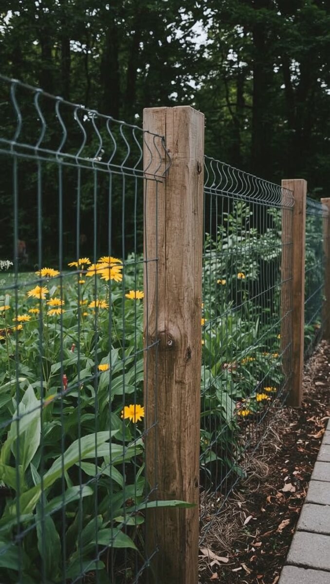 Wire mesh garden fence with wooden posts surrounding a flower bed filled with yellow daisy-like blooms