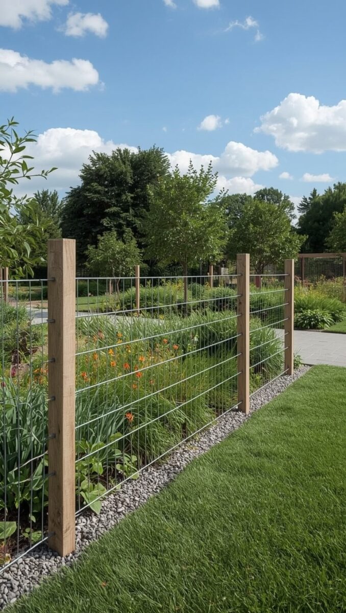 Wooden post and horizontal wire cable fence bordering a lush garden bed with orange flowers and gravel edging