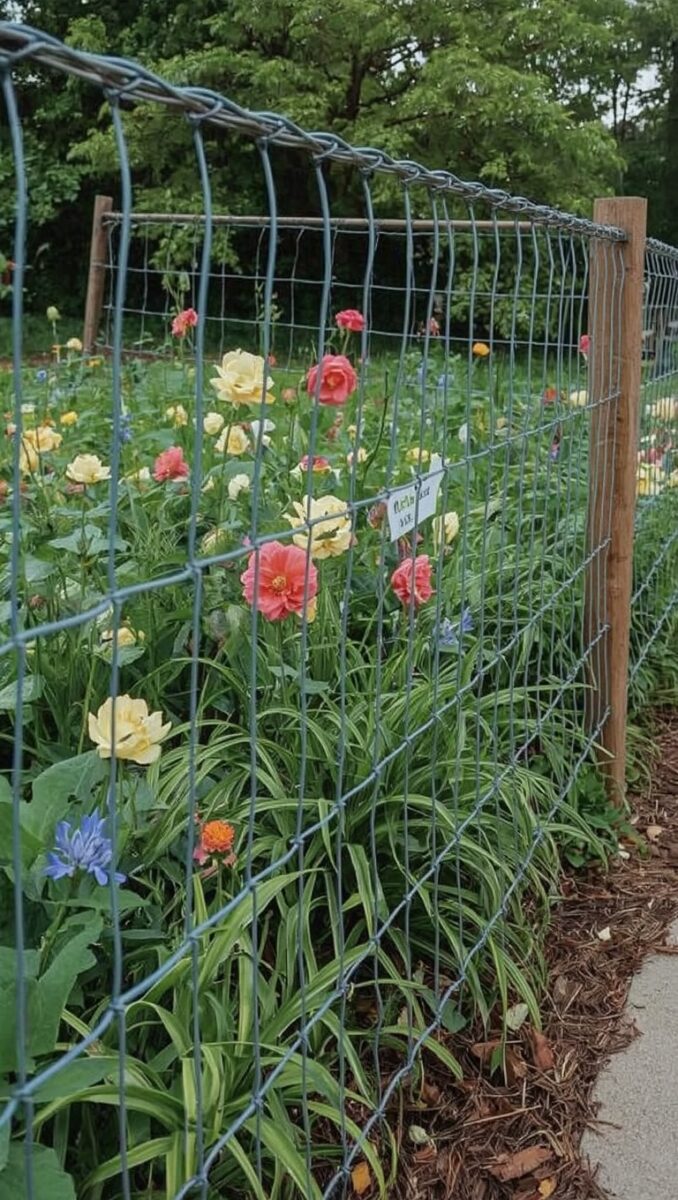 Colorful flower garden with pink and yellow roses behind a wire mesh fence supported by wooden posts