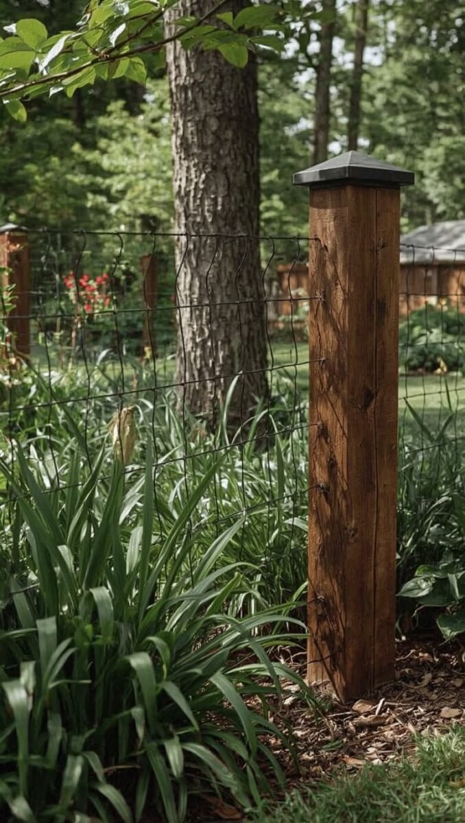 Rustic wooden fence post with metal cap and wire mesh fencing surrounded by lush green garden plants