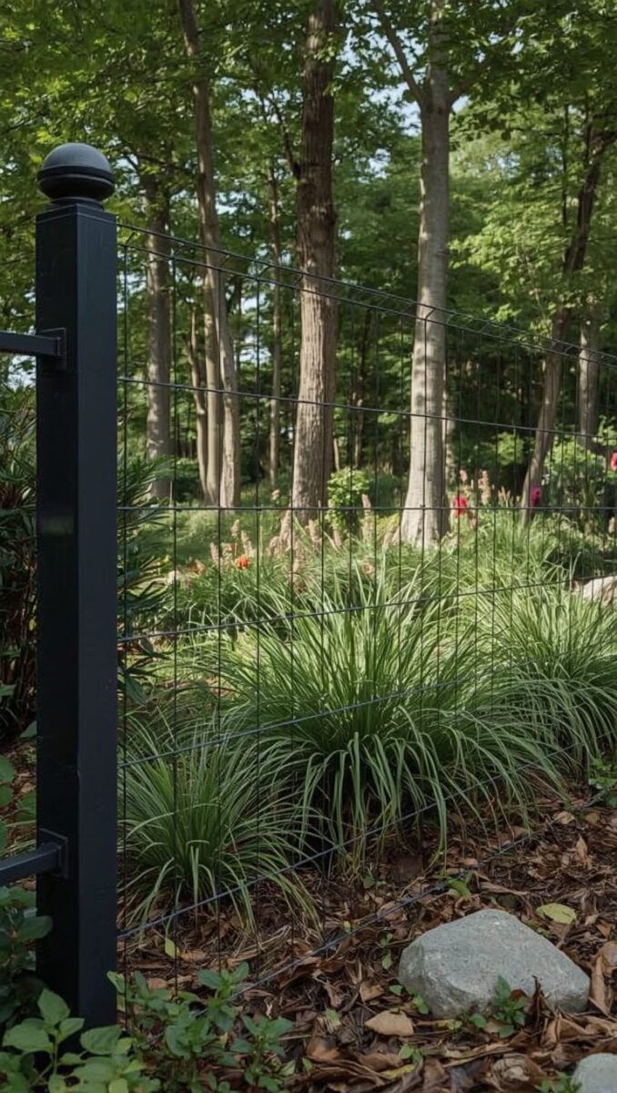 Black wire garden fence with decorative post cap surrounded by ornamental grasses and flowering plants in wooded backyard