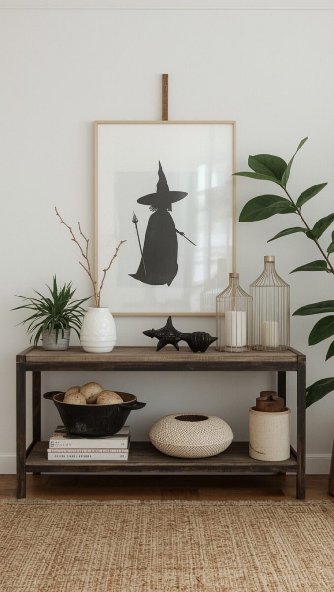 Minimalist console table with witch silhouette art print, plants, candles, and neutral Halloween decor