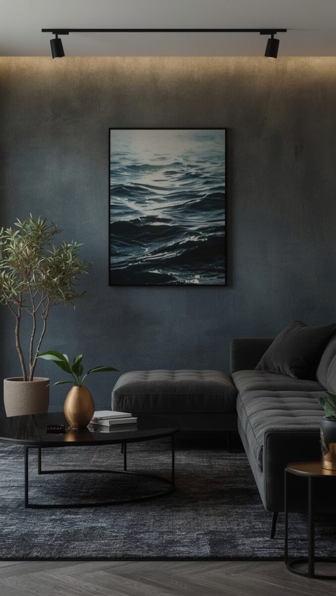Modern dark living room with gray sectional sofa, ocean wave painting, black coffee table, and olive tree plant