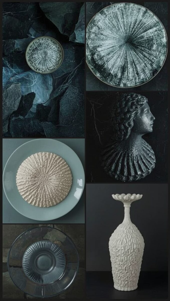 Mood board collage of decorative ceramics and sculpture including radiating pattern plates, a dark bust figurine, textured white vase, and glass dish