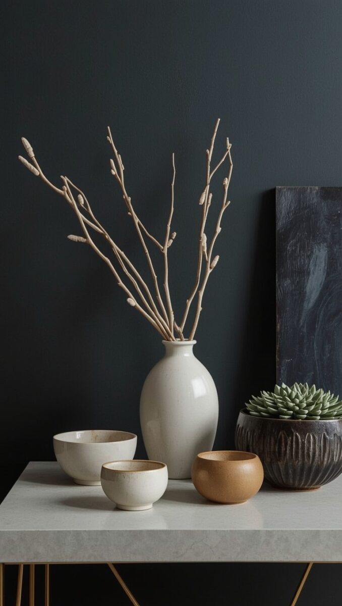 Minimalist ceramic vases and bowls with dried branches and succulent on marble table against dark wall