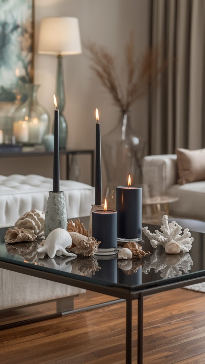 Glass coffee table with dark pillar candles, taper candles, seashells, and coral decorations in a coastal living room