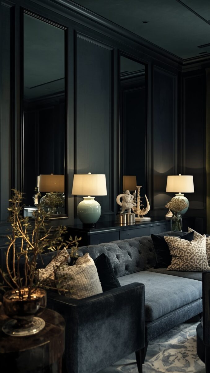 Dark luxury living room with tufted gray velvet sofa, celadon table lamps, mirrored wall panels, and gold decorative accents
