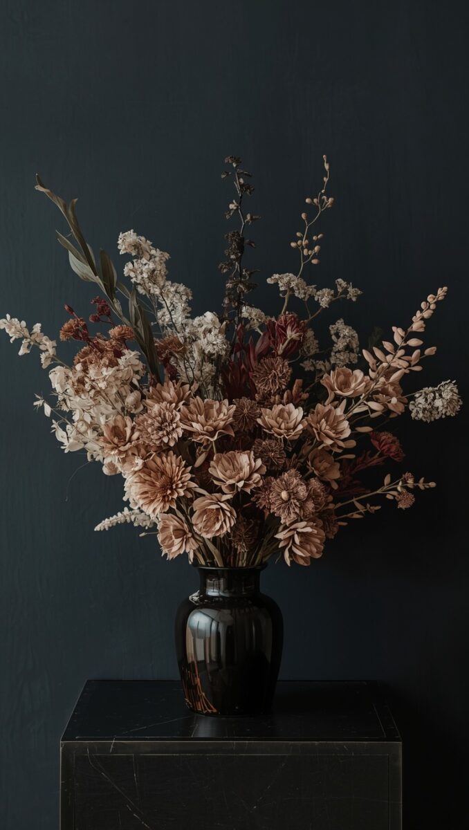 Lush dried floral arrangement with blush dahlias and white blooms in a dark ceramic vase on marble pedestal