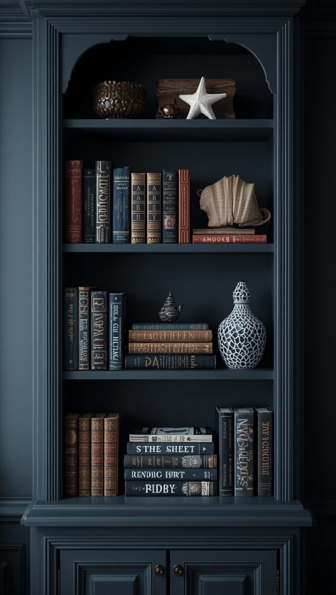Dark navy blue built-in bookcase with vintage books, ceramic vase, starfish, and shell decorative accents on three shelves