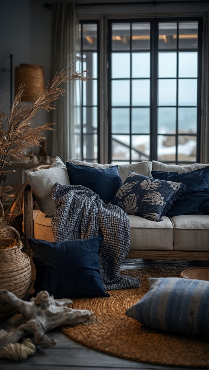 Coastal living room with cream sofa, navy blue pillows, woven rug, and ocean view through large black-framed windows