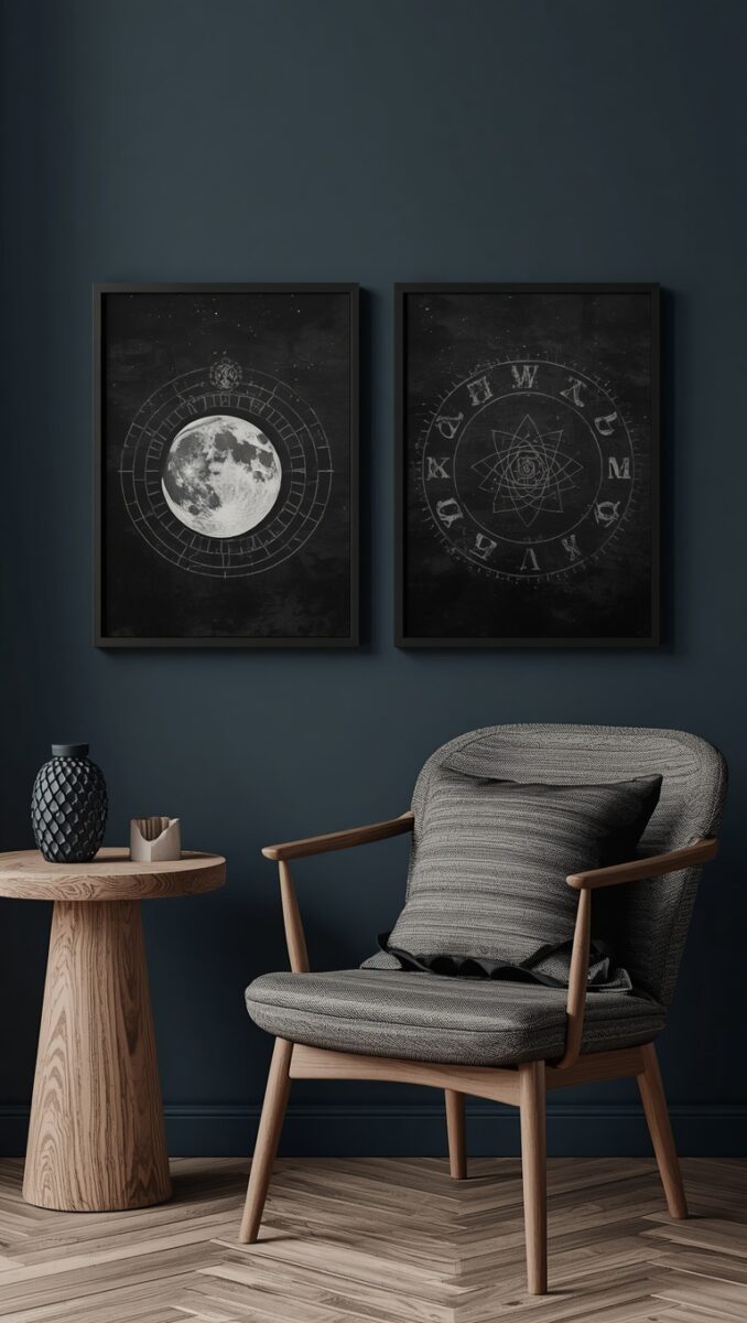 Dark celestial wall art prints above mid-century modern armchair and wooden side table against teal wall