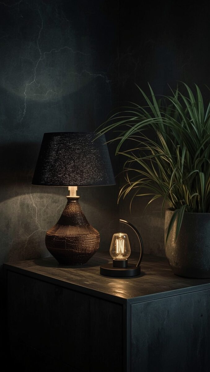 Dark moody interior vignette with textured table lamp, small Edison bulb accent light, and potted tropical plant on wooden sideboard