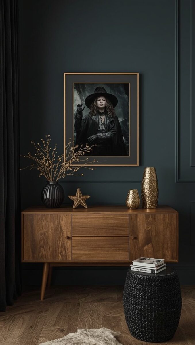 Dark moody interior with walnut sideboard, gold vases, black decor, and framed witch portrait on teal wall