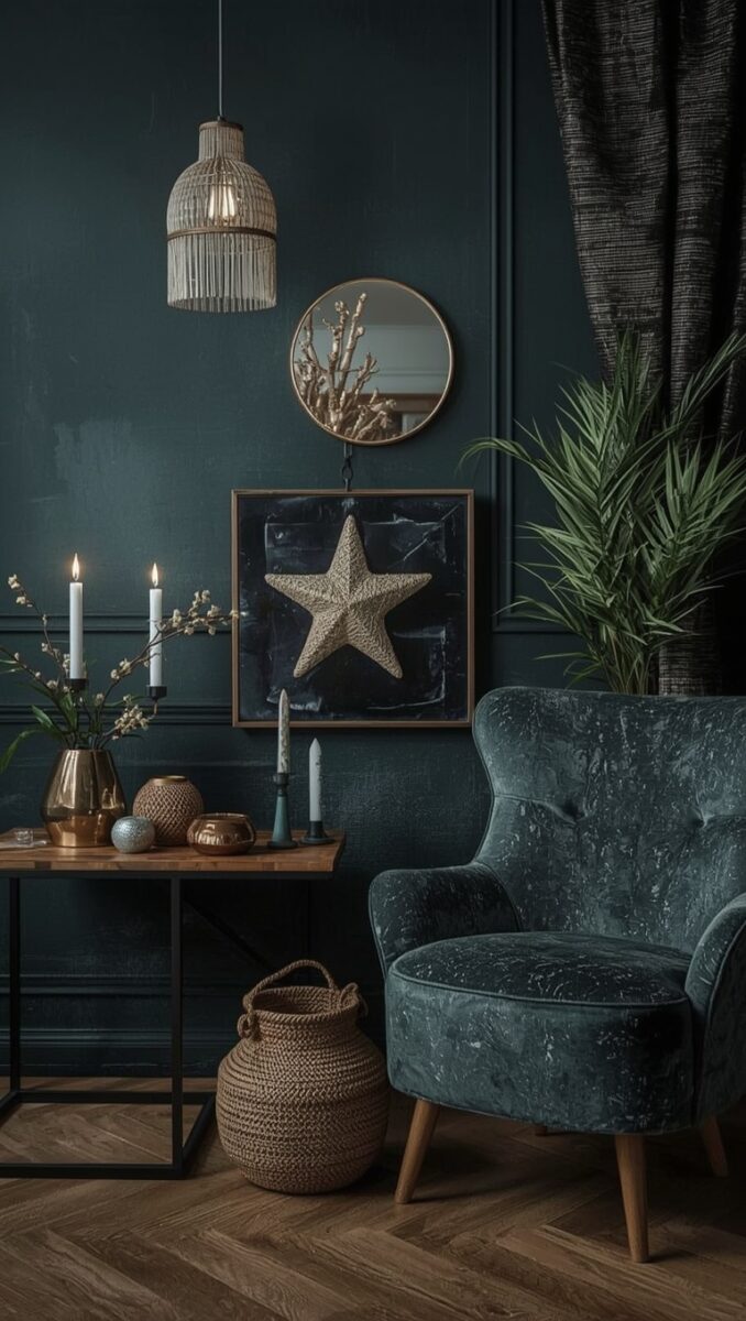 Dark teal living room corner with velvet armchair, starfish wall art, woven pendant light, candles, and tropical plant