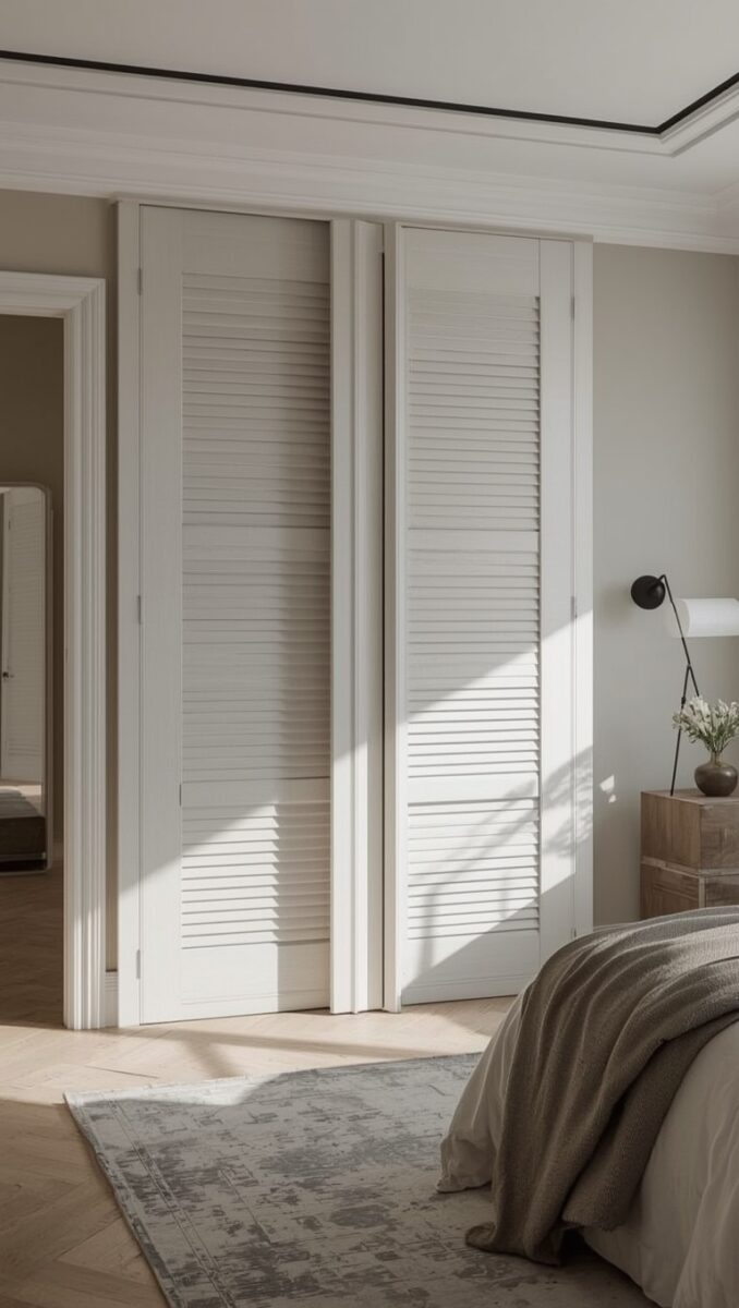 White louvered bifold closet doors in a minimalist bedroom with herringbone wood floors and neutral decor