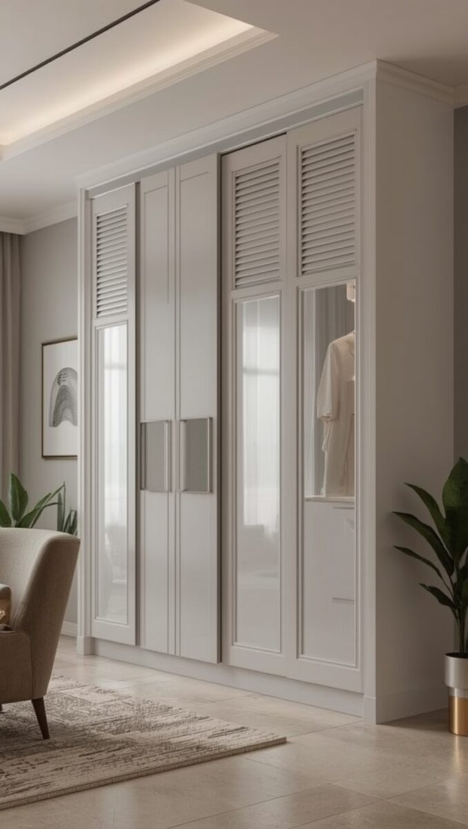 Modern white built-in wardrobe with louvered vents, mirror panels, and sliding doors in a neutral bedroom