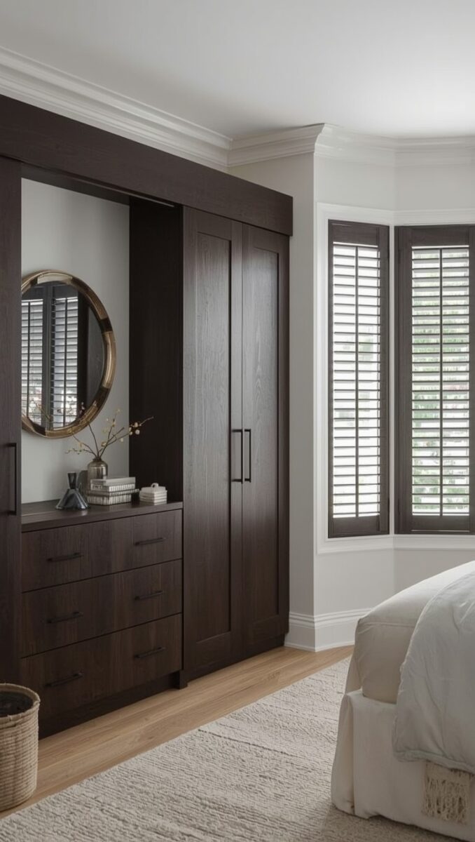 Elegant bedroom with dark oak built-in wardrobe, chest of drawers, round gold mirror, and bay window with plantation shutters