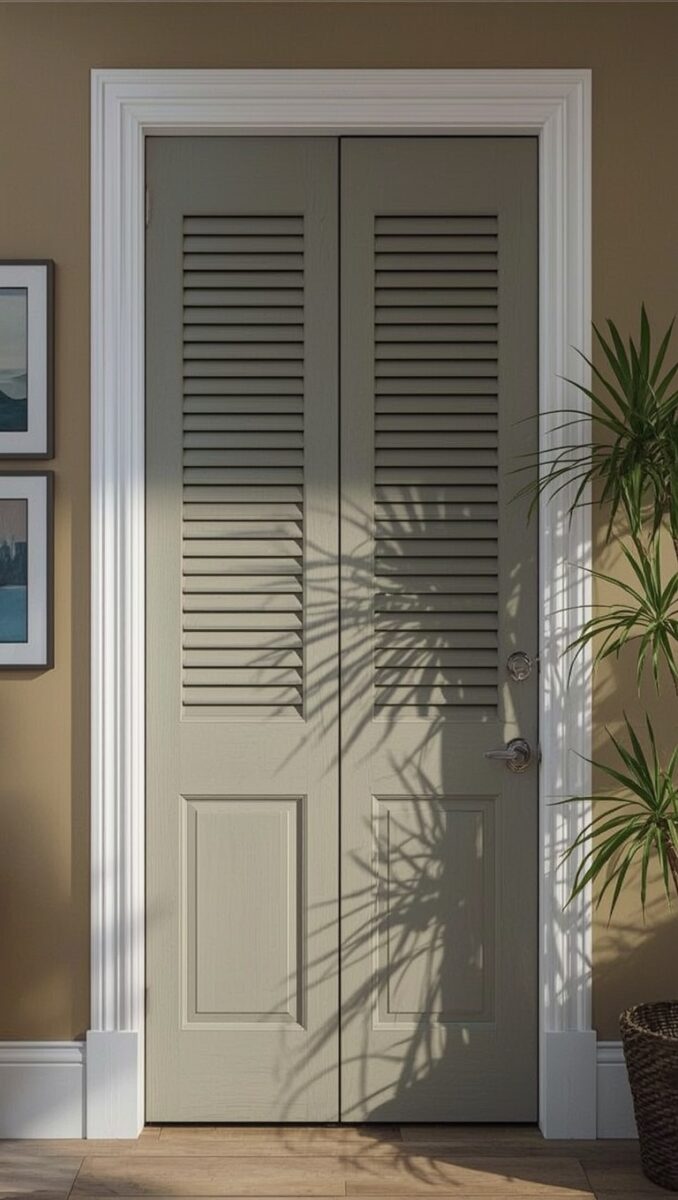 Sage green bifold louvered doors with white trim framing, plant shadow cast across panels, warm beige interior wall