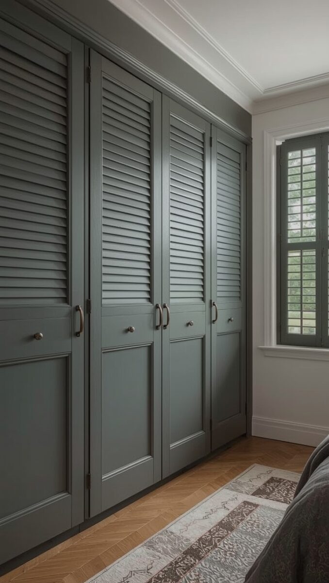 Sage green built-in wardrobes with louvered upper panels and antique brass handles in a bedroom with herringbone floor