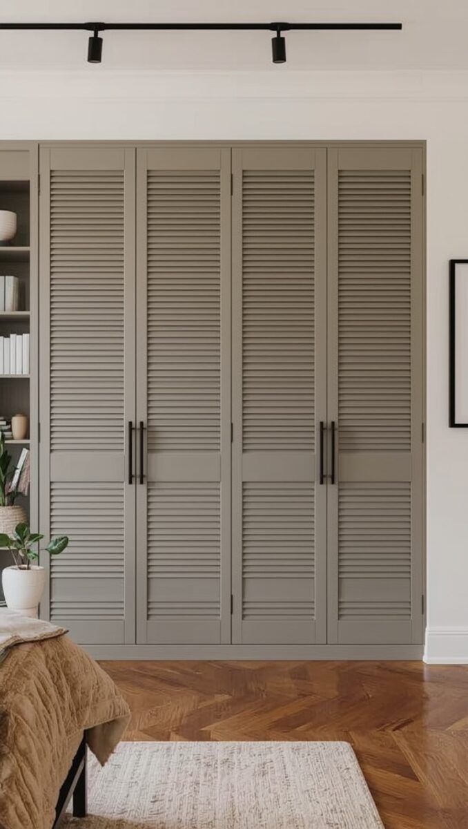 Built-in wardrobe with greige louvered doors and black handles in a modern bedroom with herringbone wood floor