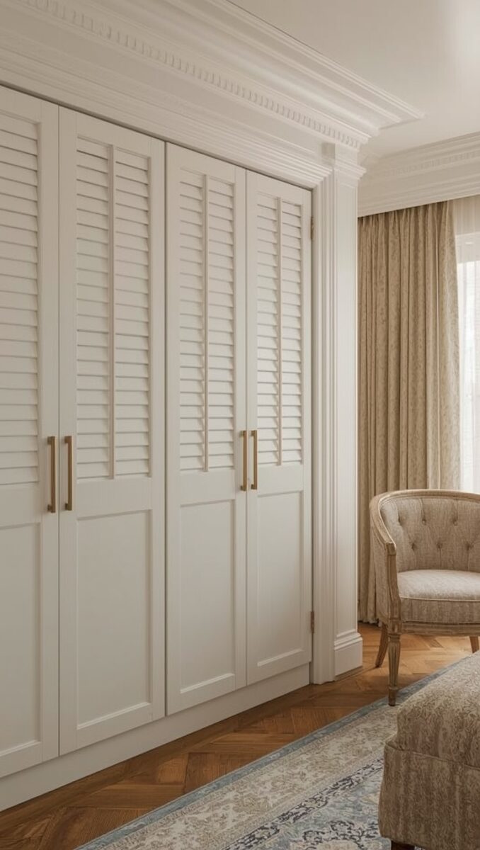 Built-in white wardrobe with louvered shutter doors, brass handles, crown molding, and herringbone wood floor