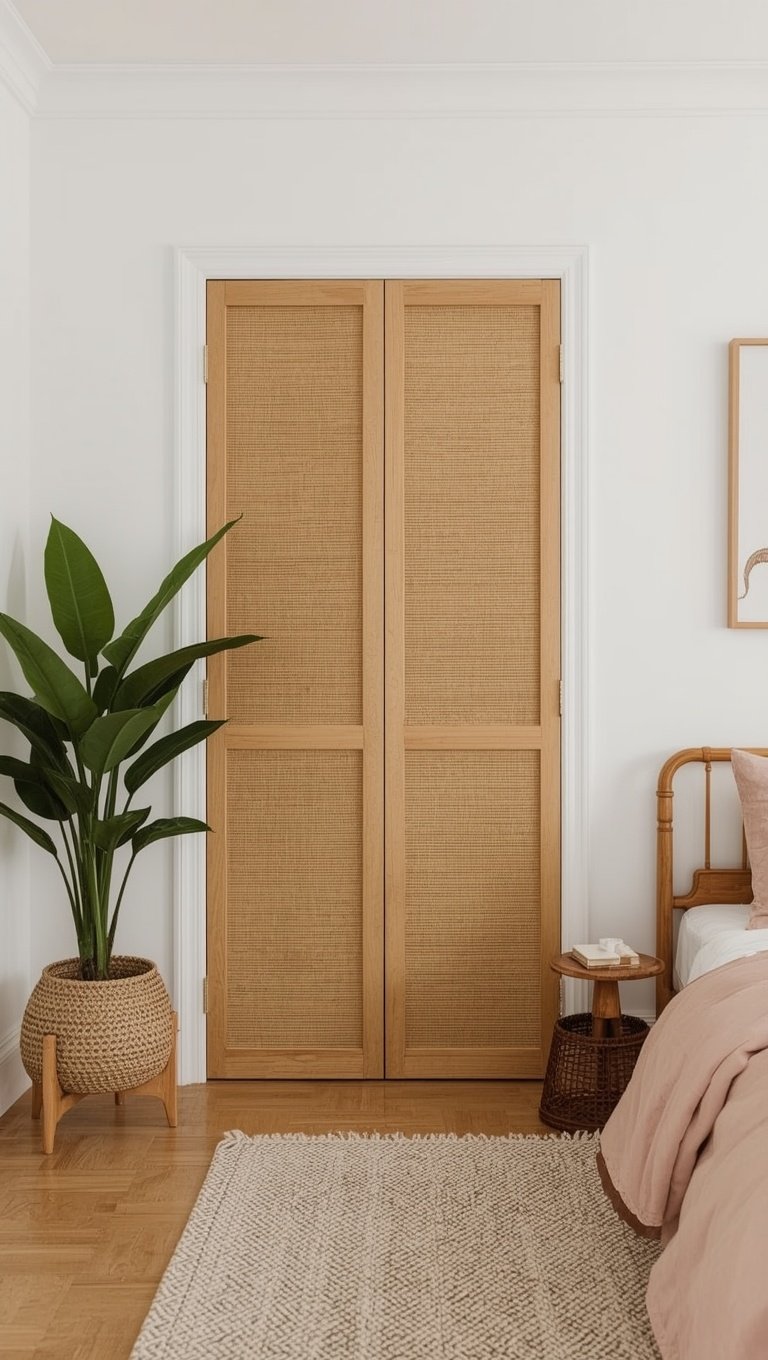 Bedroom with wooden rattan panel double closet doors, tropical plant in woven basket, and blush pink bedding