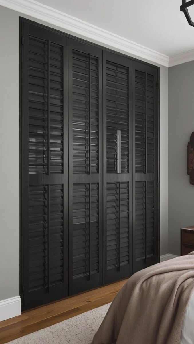 Floor-to-ceiling black plantation shutters with horizontal louvers in a modern bedroom with gray walls