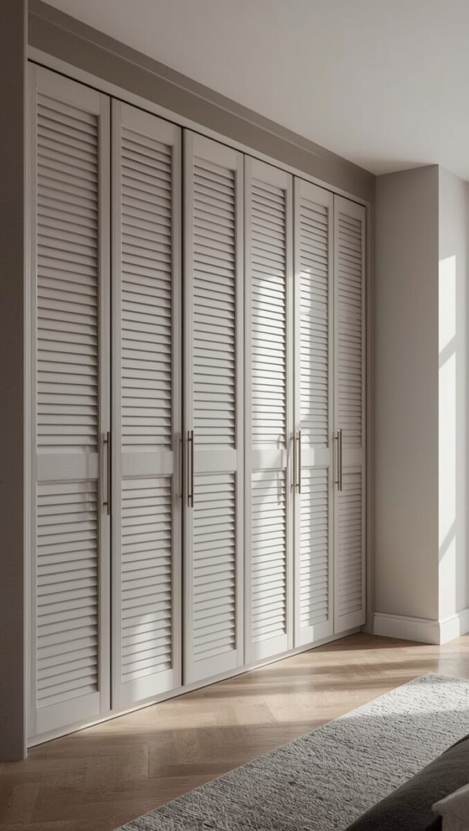 Built-in floor-to-ceiling wardrobe with louvered bi-fold doors in greige finish and silver bar handles