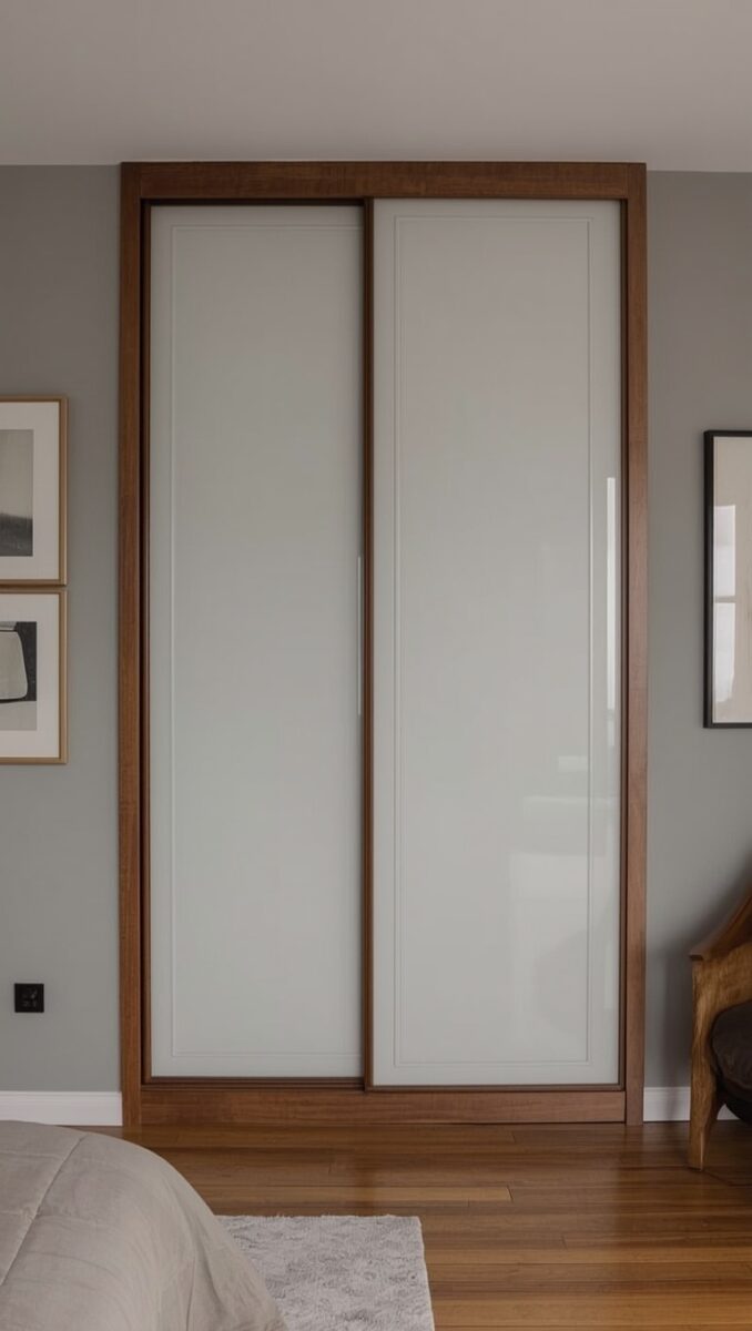 Modern built-in wardrobe with walnut wood frame and frosted white sliding glass panel doors in a bedroom