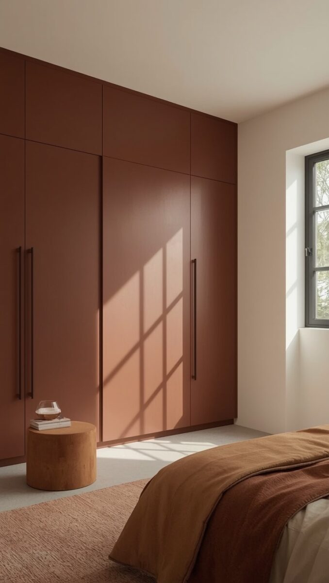 Minimalist bedroom with floor-to-ceiling terracotta built-in wardrobe, wooden stool nightstand, and warm earth-tone bedding