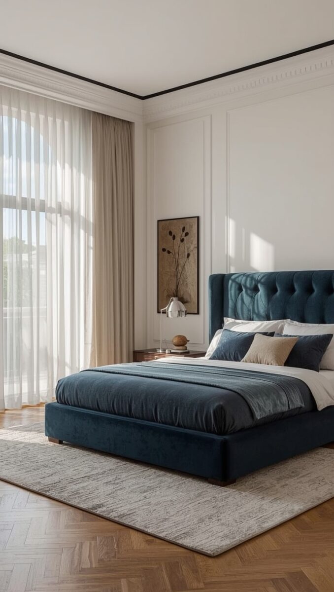 Elegant bedroom with tufted navy blue velvet bed, white paneled walls, herringbone wood floors, and sheer curtains