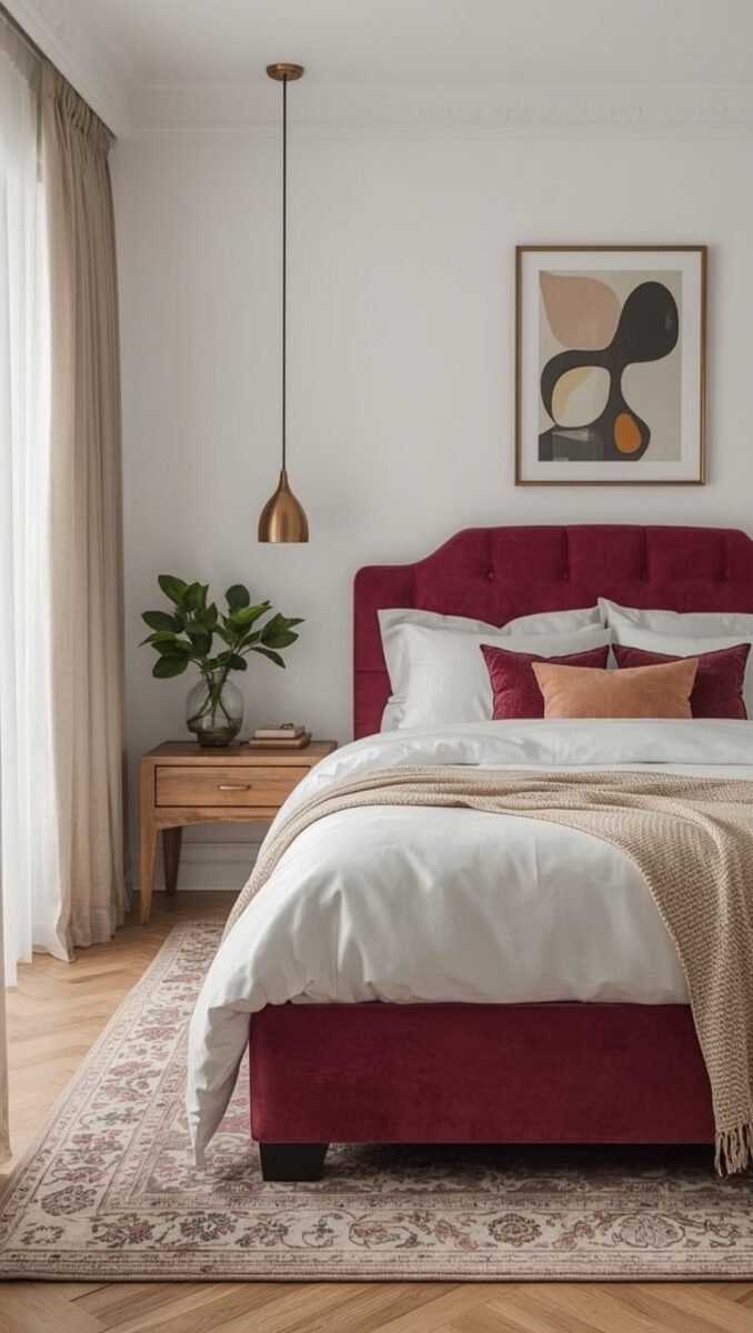 Elegant bedroom with burgundy velvet tufted bed, white bedding, beige throw, wood nightstand, and gold pendant light
