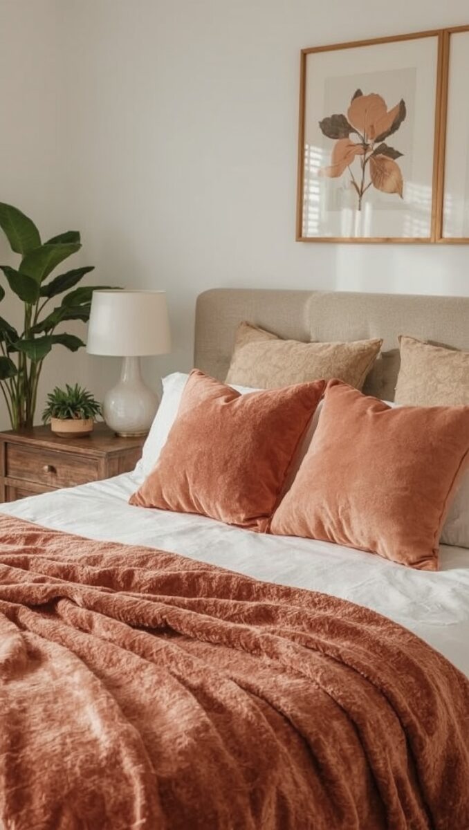 Cozy bedroom with terracotta velvet pillows, rust throw blanket, beige upholstered headboard, wooden nightstand, and botanical wall art