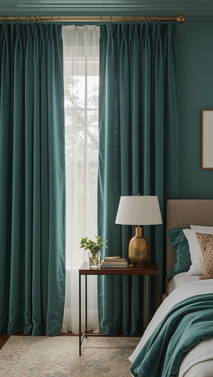 Elegant bedroom with floor-to-ceiling teal velvet curtains, gold lamp on dark wood nightstand, and teal bedding