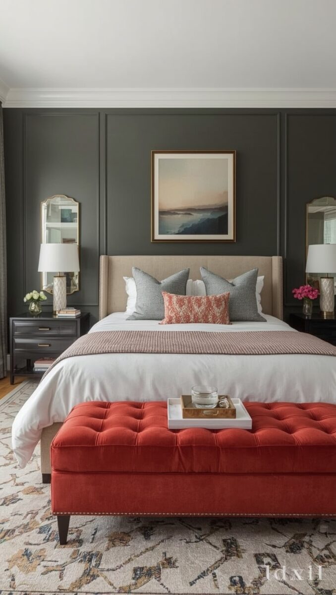 Elegant master bedroom with dark gray accent wall, beige upholstered bed, red tufted ottoman bench, and patterned area rug