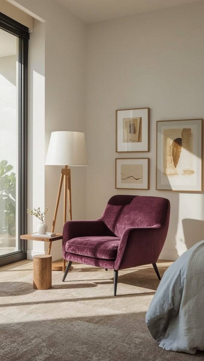 Sunlit bedroom reading nook with burgundy velvet armchair, tripod floor lamp, wooden side table, and abstract wall art gallery