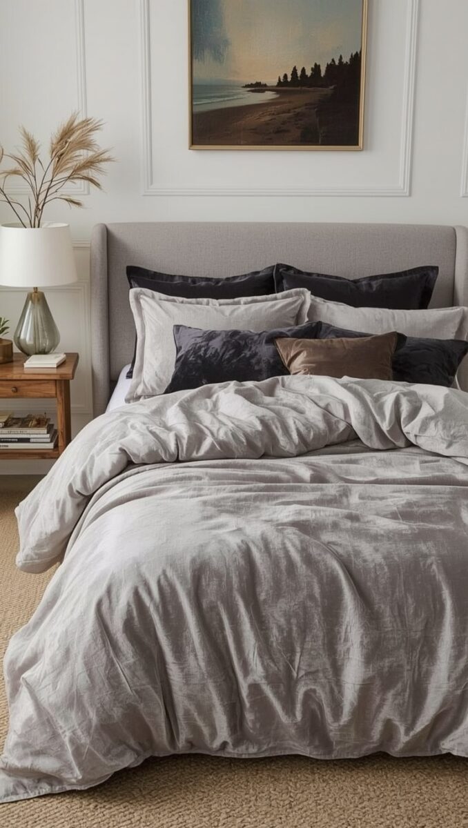 Elegant bedroom with gray linen duvet, upholstered headboard, dark accent pillows, wooden nightstand, and coastal landscape painting
